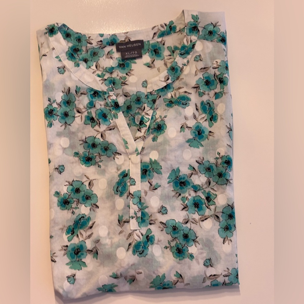 Van Heusen Women's XL Floral Blouse - Teal and White